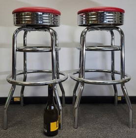 Vintage Red Swivel Top Stools: A pair of heavy duty vintage style soda shop, red vinyl swivel top silver base bar stools. 30"h x 17"w