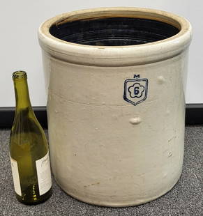 Six Gallon Glazed Pottery Crock: Light colored heavy weight six gallon glazed clay pottery crock. 14"h x 12.5"w