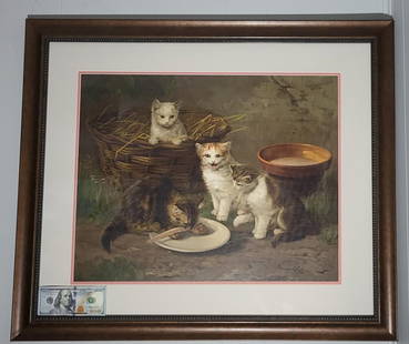 Framed Lithograph Of Hungry Kittens: Early Framed lithograph of kittens one eating and others in a basket. 28"h x 33"w