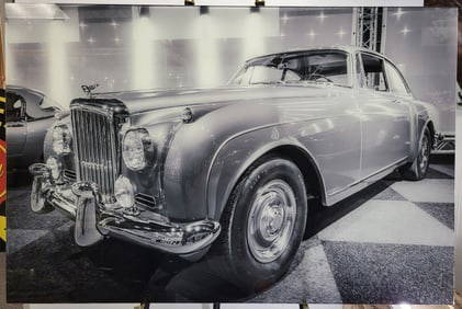 Large Black And White Glass Art Bentley: Artistic black and white photo of a 1961 Bentley in a showroom setting, mounted behind glass 31"H x 47"W