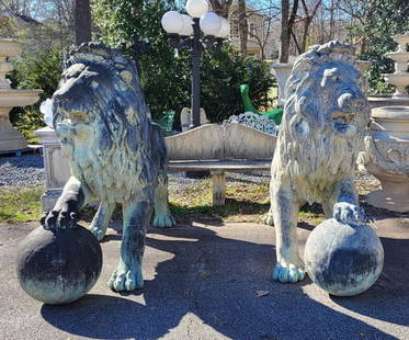 Pair of Monumental Bronze Entry Lions: Pair of monumental bronze entry lions from a Florida mansion. These life sized lions have a beautiful patina. 64" H x 30"W x 8 feet Long.