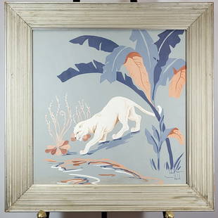 Pair of Ethel Welch Tempura Paintings "Prowling": "Prowling" by Ethel Welch. A set of two Art Deco framed tempura paintings in pastel colors each of a panther on the prowl