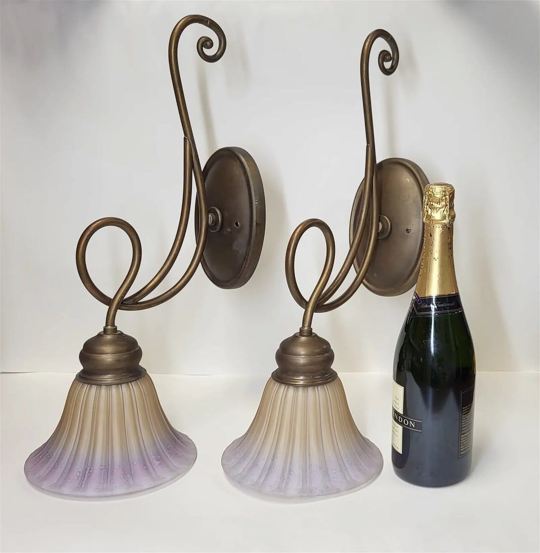 A Pair Of Décor Wall Sconces with Purple Edge Frosted Glass Shades (1 of 4)