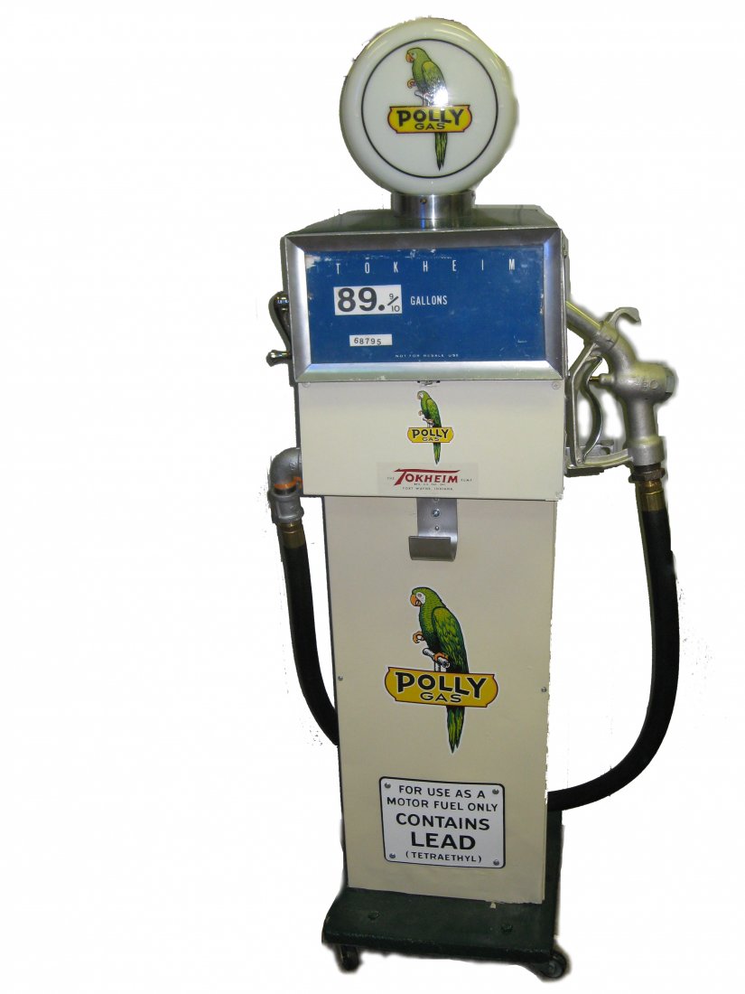 Tokheim Polly Gas Pump: Tokheim Polly Gas Pump. Made from Iron and tin. Can be rolled on 4 wheels. Dimensions: 50 1/2" h x 19" d x 13" w (with handle)