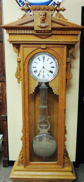 Eastlake Jeweler's Wall Regulator clock: Rare Size Eastlake Jeweler's Wall Regulator clock in Working Condition. Materials: American Oak. Size: 82" x 34 1/2" x 17"