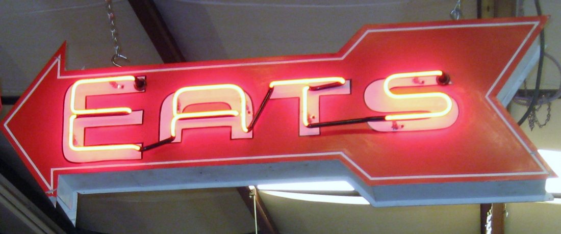"Eats" Double Sided Neon Sign 1960s: "Eats" Double Sided Neon Sign. Circa 1960. Approximate Size: 5' x 12" x 16".