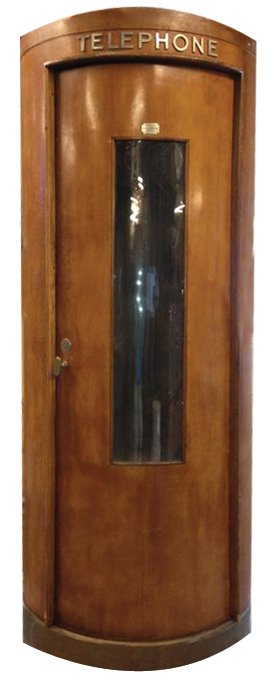 Rare Mahogany Round Phone Booth: Very Rare Curved Glass and Mahogany Round Telephone Booth from Paris, France. Signed. Paris, France. Circa 1950. Size: 90" x 40".