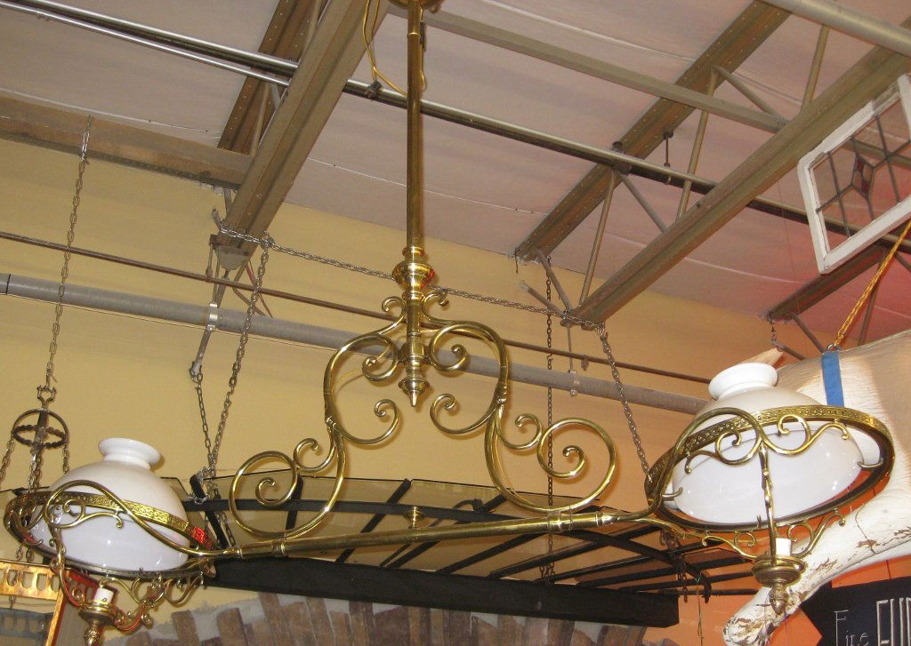 Original Pool Table Light: Original Pool Table Light with two lights that. Originally gas, it has been restored and rewired for electricity. Approximate Length: 64"