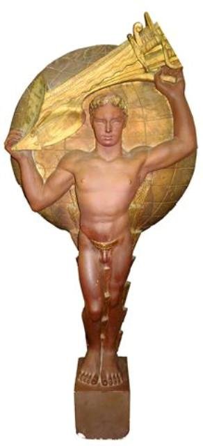 "Century of Progress" Statue 1933: "Century of Progress" Art Deco Male Figure Statue with Swords and Plow originally positioned at the fair entrance at the 1933 Chicago World's Fair. Composition. Minor chip on base and globe. Very uniq