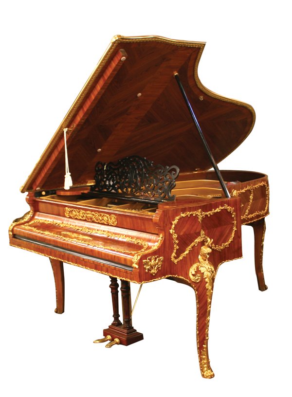Restored Bechstein Grand Piano with Gilt Ormolu: Beautiful Bechstein 7 foot grand piano in kingwood and satinwood inlay with female mounts and gilt ormolu. Serial no. 96387. Completely restored. Dimensions: 40"h x 6'10l x 5’6"w