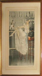 Louis Icart drypoint & etching "Gay Trio": Louis Icart "Gay Trio". Original frame/matte. Certificate on back. Signed; has windmill. Overall Size: 26" x 18".