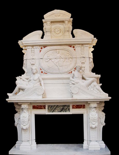 Monumental bi-colored Highly Carved Marble Mantel: Monumental carved white marble mantel with carved figural surmounts, man & lady reclining statues, carved scene in over mantel, and colored marble plaques.rn88" w x 24" d x 131" h