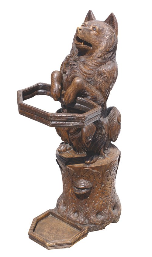 Black Forest Dog Umbrella Stand: Finely Carved Black Forest Dog Umbrella Stand with glass eyes.