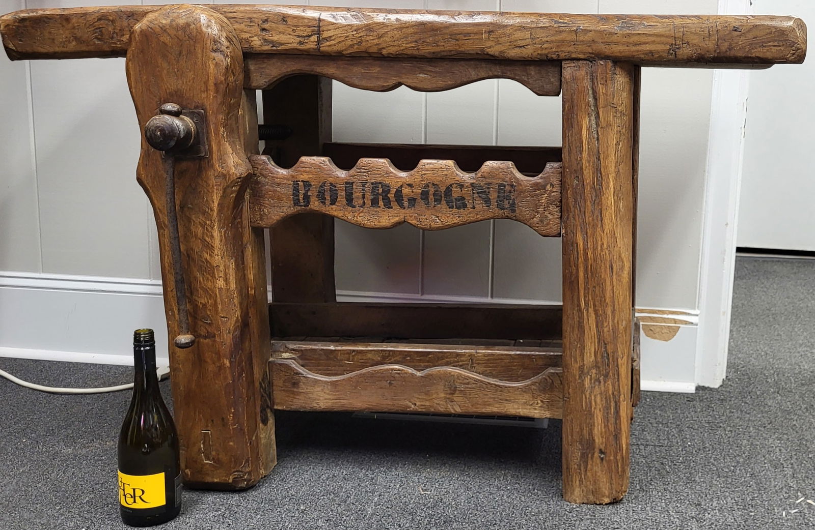 French Wine Presentation Table: French wine presentation table marked Bourgogne with storage below. 32"h x 36"w x 12"d