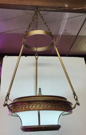 Bronze Bank Chandelier With Curved Glass: American heavy bronze bank chandelier with curved glass, 57"Drop and 26" Diameter