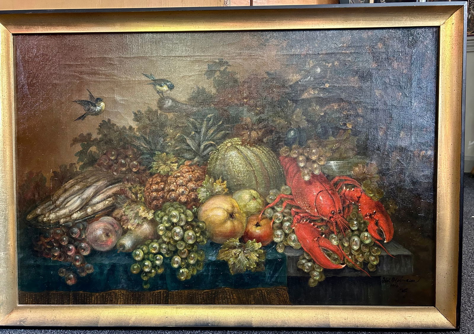 Framed still life oil on canvas signed Hoffman: Framed still life oil on canvas with fruit, lobster and birds signed H. Hoffman 1916. 19"h x 28" w