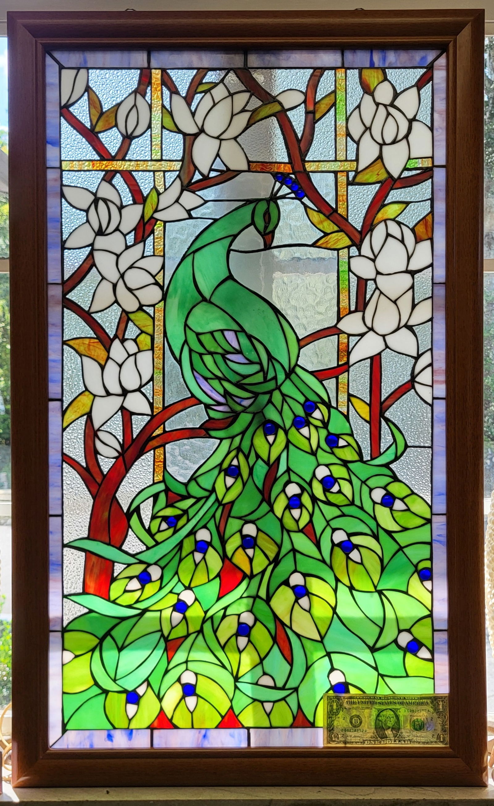 Stained Glass Window, Peacock with White Flowers. (1 of 2)
