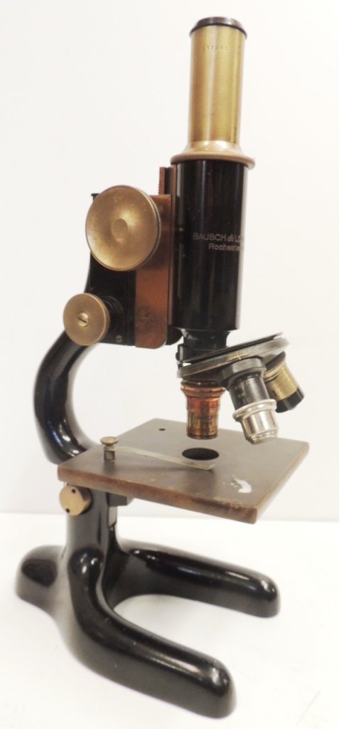 black Bausch & Lomb microscope circa 1925: 12.5"h x 8"l x 5"w