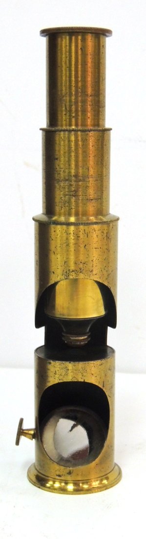 Brass field microscope with case: 8.5"l x 2.5"h x 2.75"w