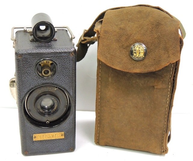 Ansco Memo half-frame 35mm camera: Ansco Memo half-frame 35mm camera #30881 (late 1920's) with suede case, film, and canister. 5"h x 2.5"w x 2.75"l