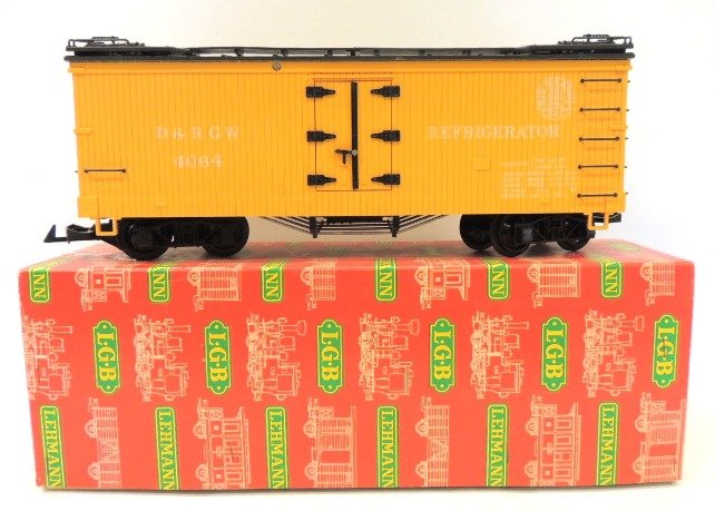 L.G.B. yellow train refrigerator 4064 with red box: made in Western Germany; box:5"w x 17.5"l x 6.25"h