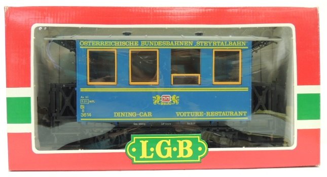 L.G.B. BB Speisewagen blue dining car: L.G.B. ŐBB Speisewagen blue dining car 3013 with red box. Made in Western Germany; Box: 5.5"w x 13.75"l x 7.25"h