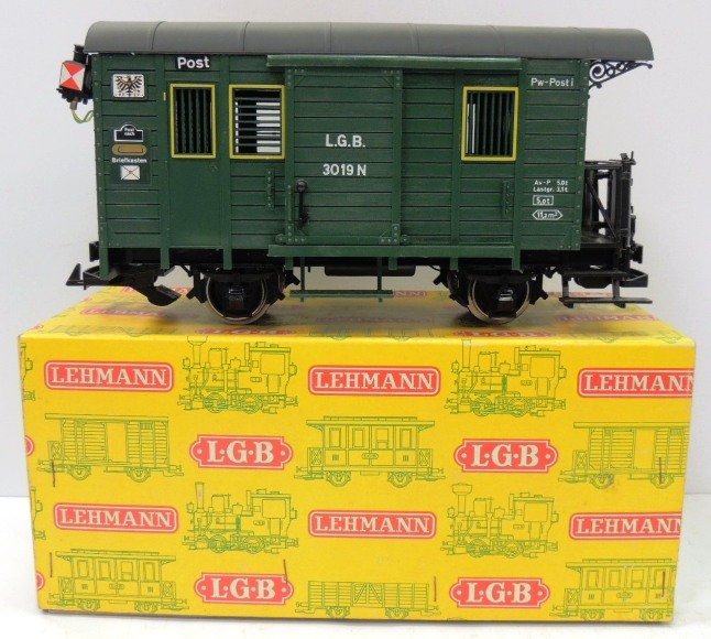 L.G.B. green post traincart 3019 N with yellow box: Made in Western Germany; box: 5.5"w x 13"l x 6"h