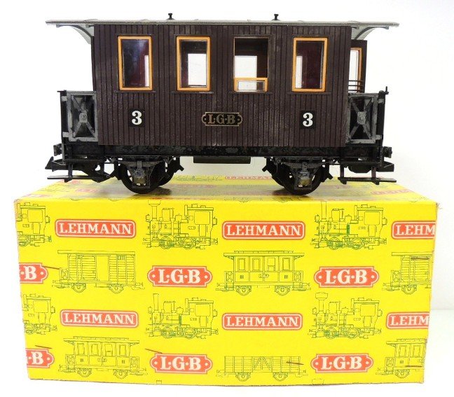 L.G.B. brown passenger traincart 3000 with yellow : made in Western Germany; box: 5.5"w x 13"l x 6"h