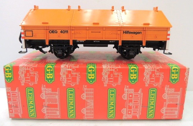 L.G.B. orange Klappdeckelwagen 4011 with red box: made in Western Germany; box: 5.25"w x 13"l x 4.5"h