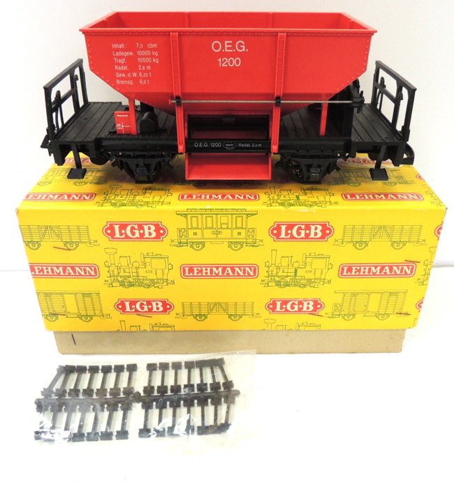 L.G.B. 4041 red Hopper with yellow box: made in Western Germany; box: 5.5"w x 13"l x 6.25"h