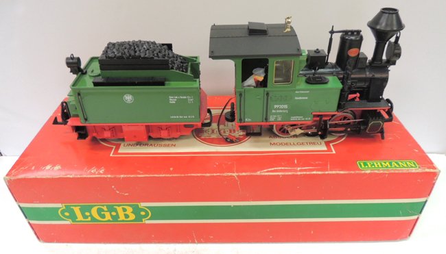 L.G.B. 2015D green/red steam locomotive w/ tender: L.G.B. 2015D green/red steam locomotive w/ tender & red box. Made in Western Germany; Box: 8.5"w x 22"l x 5.5"h