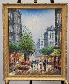 Framed Oil On Canvas Victorian Era Street