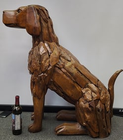 Teak Wood Sitting Dog Sculpture