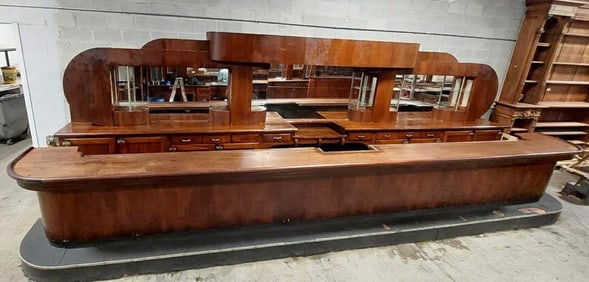 Original 24-Foot Art Deco Back & Front Bar Walnut And Mahogany Circa 1940's