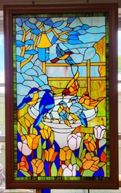 Birds At The Bird Bath Colorful Stained Glass Window