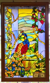 Back Facing Peacock Stained Glass Window