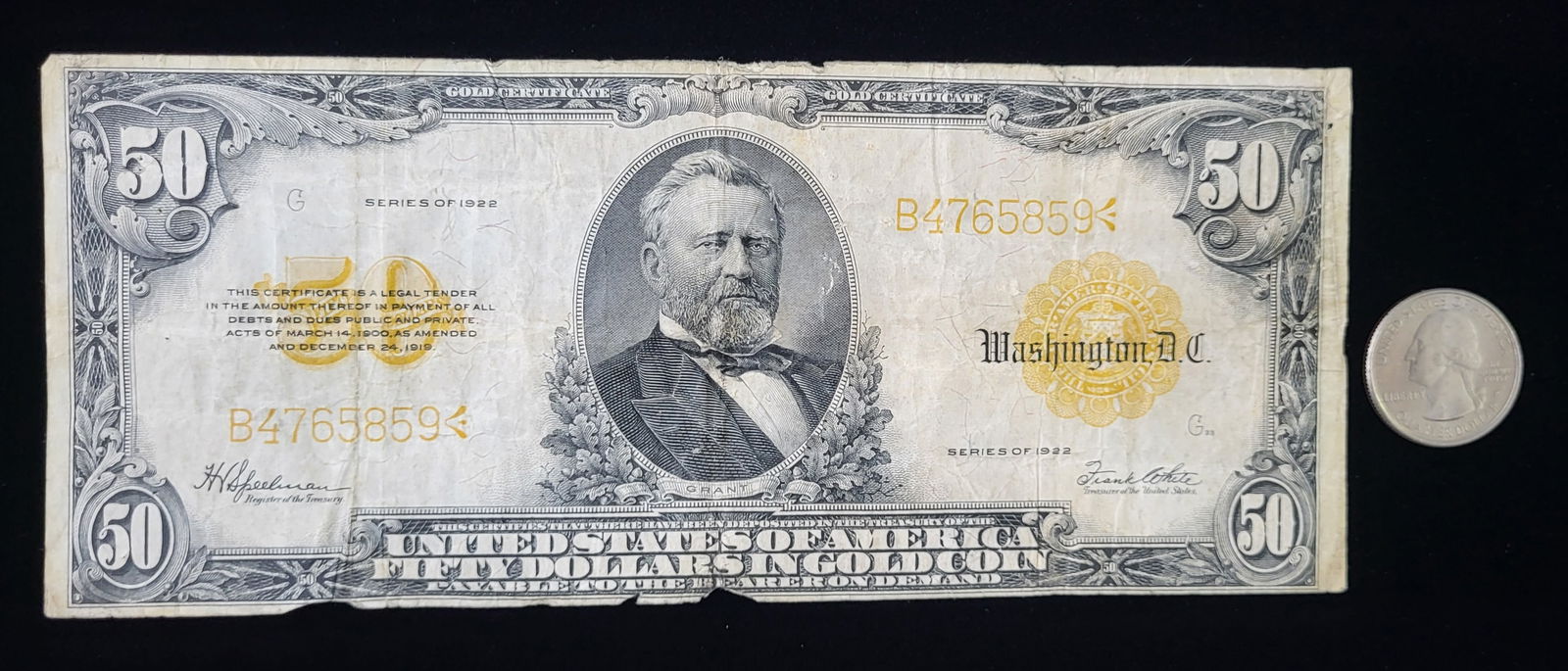 Rare $50 Gold Certificate Bill Series of 1922 (1 of 2)