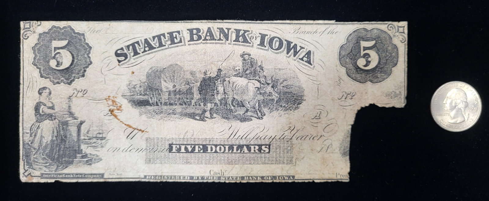 $5 St. Of Iowa Bill: State of Iowa $5 bill torn at bottom right