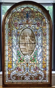 Large Stained and Beveled Glass Window With Lady