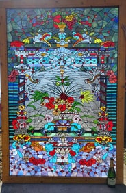 A Large Tropical Floral Design Stained Glass Window