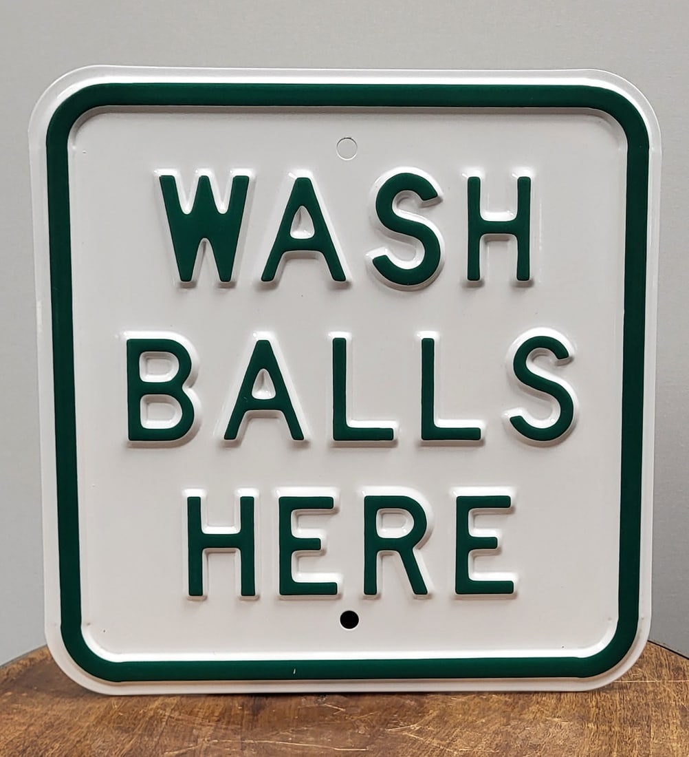 Golf Store Iron Wall Embossed Sign "Wash Balls Here": Steel golf wall sign "Wash Balls Here" white with black letters, great for golf enthusiasts. 10" x 8"