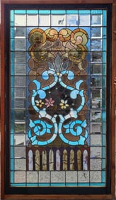 Beveled & stained glass design featuring a blue centerpiece