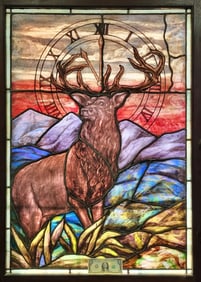 Framed Stained Glass Of An Elk with Clock In Distance