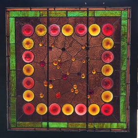 Retro spiral circles brown and green textured stained glass