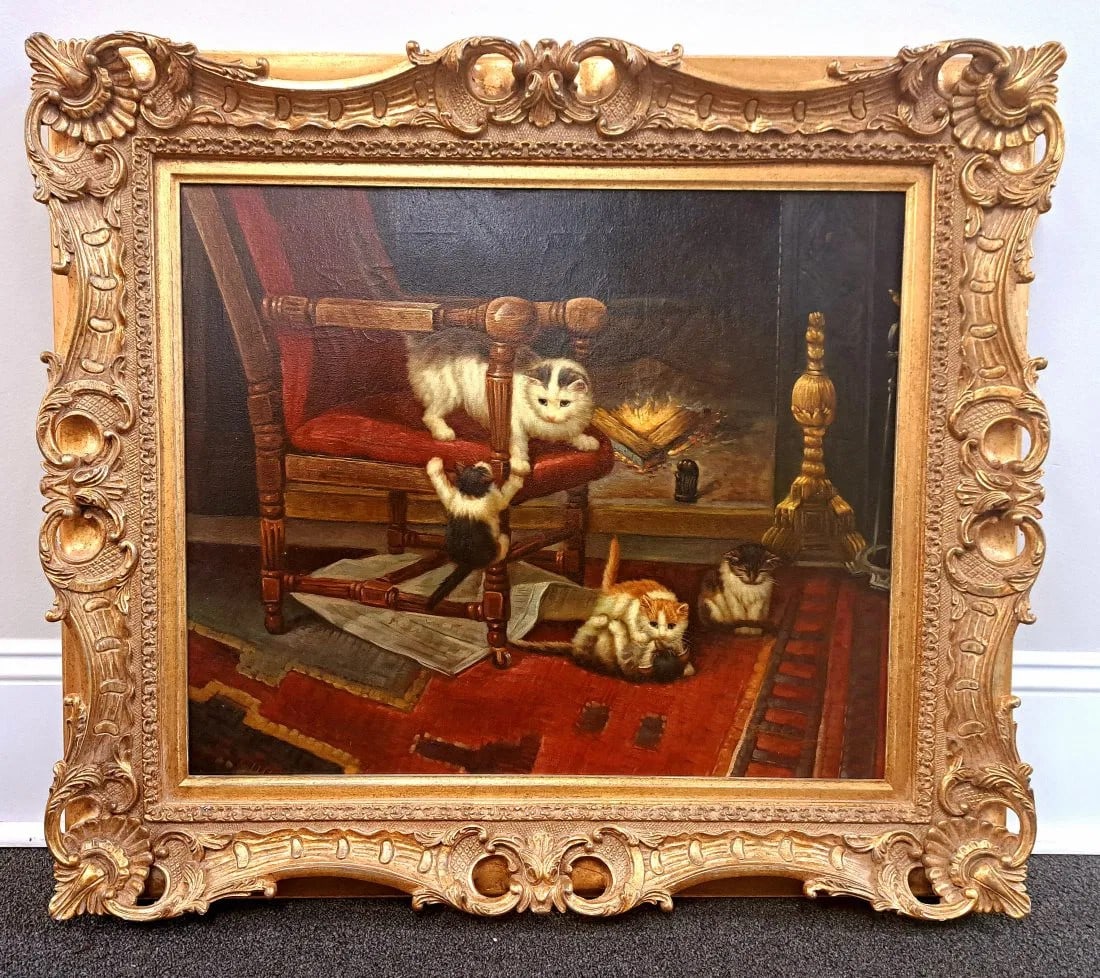 Framed Oil On Canvas Of Burmilla Kittens: Gilt framed oil on canvas of Burmilla kittens, signature not found 28" H x 32" W