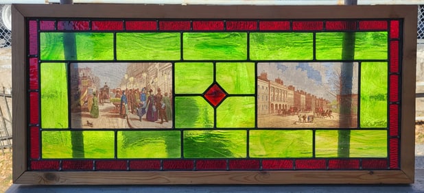 Stained glass window of English Victorian scenes