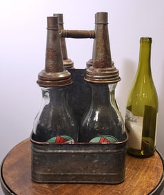 Four Glass Sky Chief Oil Bottles In A Tin Carrier