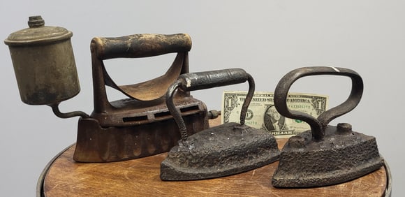 Set Three Antique Clothing Irons One Signed D. Monitor