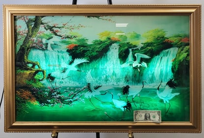 Celluloid On Glass Scene With Birds and Waterfalls