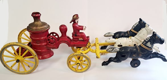 Fireman And Three Horse Antique Fire Station Water Pump Buggy